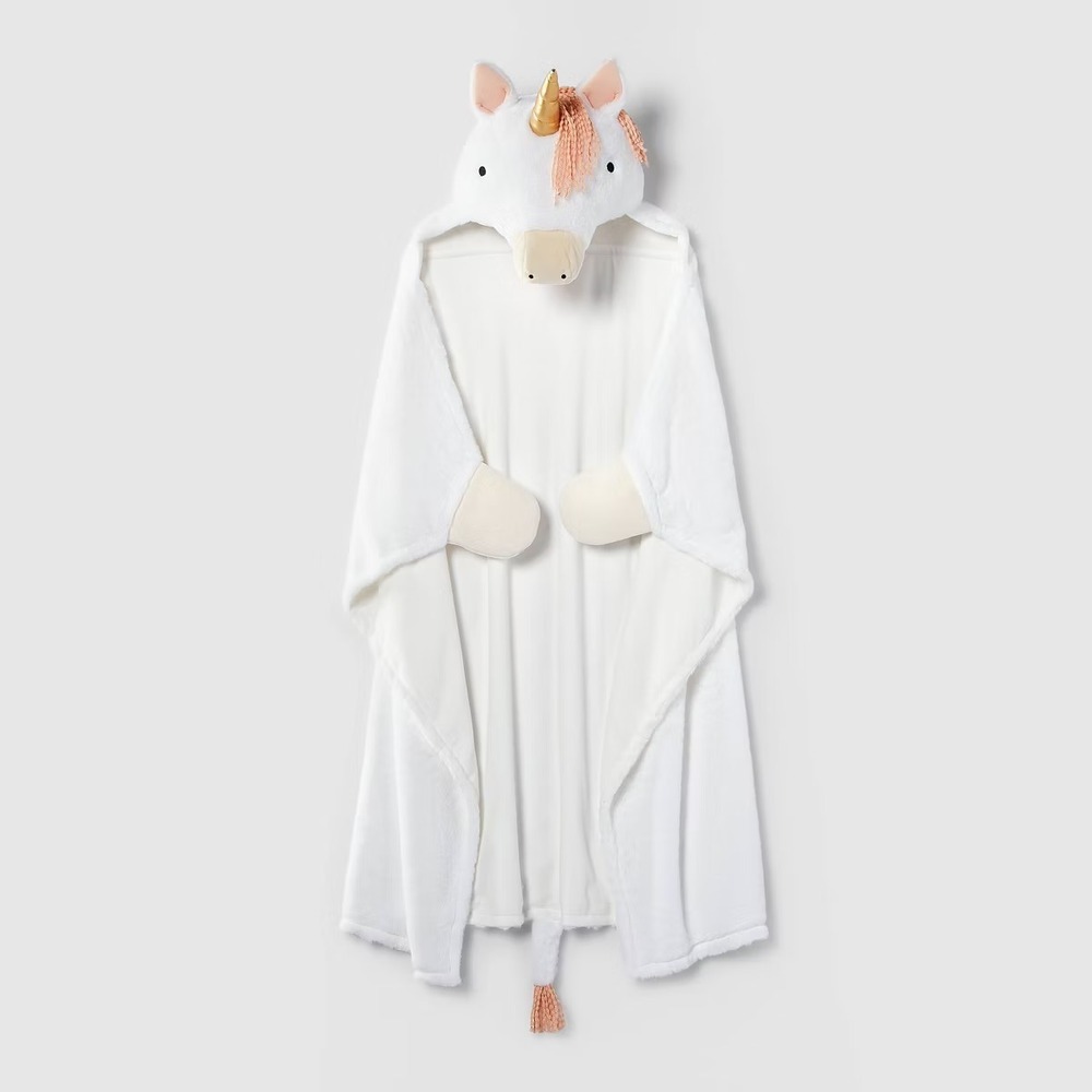Pillowfort Unicorn Hooded Blanket White Plush Wearable Throw with Hand Pockets